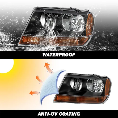 Vista 7 de SOCKIR Conjunto de faros delanteros compatible con Jeep Grand Cherokee 1999-2004 halógeno (carcasa negra, parte inferior ámbar, con bombillas)