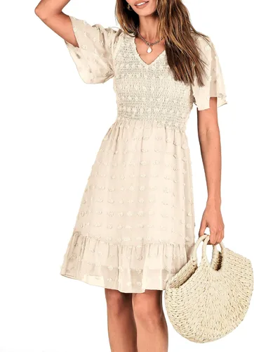 Vista 7 de BTFBM - Vestido de vacaciones en la playa para mujer, cuello en V, manga corta, fruncido, plumetí, casual, con volantes,vestidos cortos