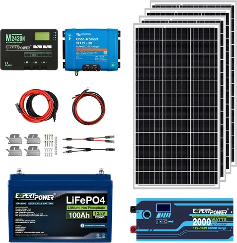 Vista 4 de ExpertPower Kit de energía solar de 1.3KWH 12V LiFePO4 12V 100Ah, paneles solares mono de 200 W, controlador de carga solar MPPT de 20 A, cargador