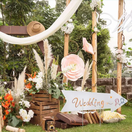 Vista 7 de Letreros de flecha en blanco con estacas, paquete de 15 letreros direccionales de boda de 17 x 6 pulgadas con estacas, letrero de flecha de esta