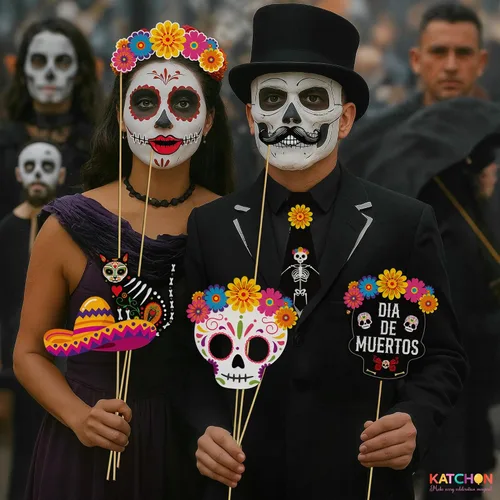 Vista 7 de KatchOn, Juego de accesorios de Halloween, paquete de 35 Accesorio de cabina de fotos del Día de los Muertos para decoraciones de fiesta mexicana