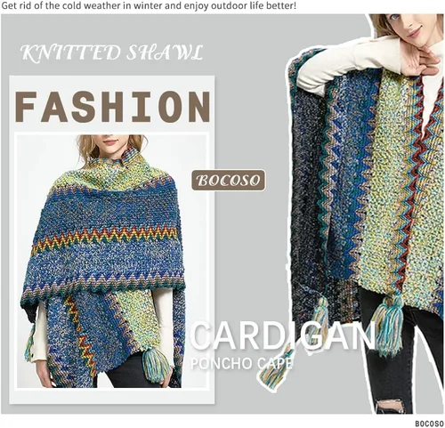 Vista 8 de Capa tipo poncho de punto para mujer, cárdigan de punto con flecos para otoño e invierno