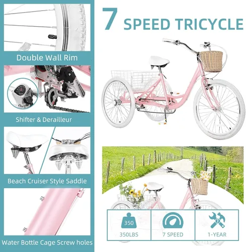 Vista 4 de Triciclos para adultos para adultos, triciclos para adultos de 7 velocidades, bicicleta de 3 ruedas de 20/24/26 pulgadas con canasta, bicicletas