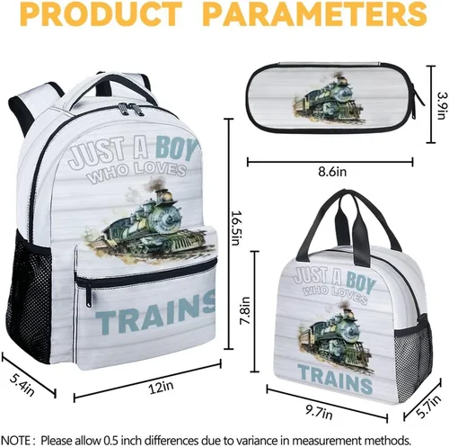 Vista 4 de AIOMXZZ Mochila de tren con lonchera para niños, mochilas escolares 3 en 1, combo a juego, bolsa azul de dibujos animados y estuche para lápices