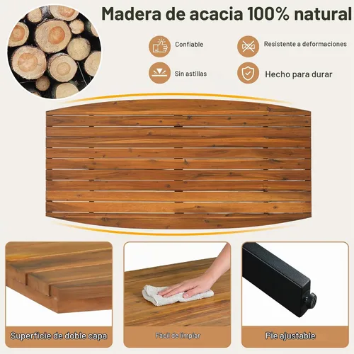 Vista 4 de Juego de comedor de patio al aire libre de 7 piezas, madera de acacia con marco de hierro, mesa rectangular para todo tipo de clima y 6 sillas