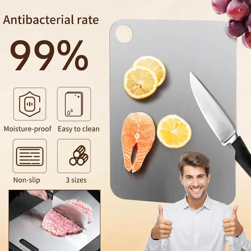 Vista 3 de Tabla de cortar de titanio, tablas de cortar de acero inoxidable para cocina, tabla de cortar no tóxica de grado alimenticio de doble cara, tablas