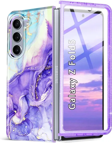 Vista 16 de Btscase Funda para Samsung Galaxy Z Fold 5, protector de pantalla frontal integrado, patrón de mármol dorado con purpurina de policarbonato duro