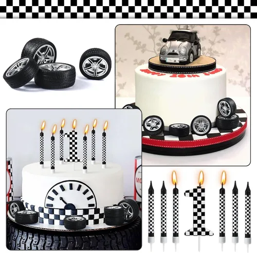 Vista 6 de 13 velas de cumpleaños temáticas de coches de carreras, número 1 vela a Velas de pastel de cumpleaños a cuadros en blanco y negro para decoración