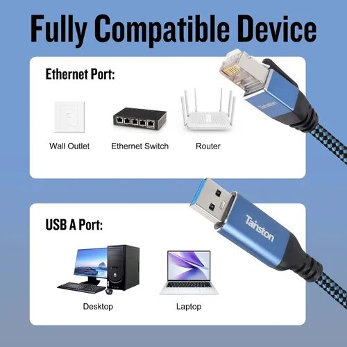 Vista 4 de Cable USB a Ethernet, cable USB 3.0 A a RJ45 de 2 pies, cable USB 3.0 A a Gigabit Ethernet compatible con laptop, PC, interruptor, enrutador, módem