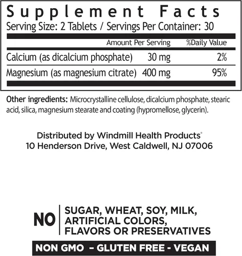 Vista 2 de Windmill Vitaminas naturales citrato de magnesio 400 mg, apoyo inmunológico, apoya la recuperación muscular, apoya la salud del corazón, 60