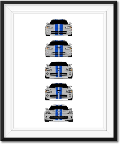 Vista 2 de Custom Car Posters Póster hecho a mano compatible con Dodge Viper Generations e impresión de Viper R/T GTS SRT10, color rojo con rayas blancas, 3.