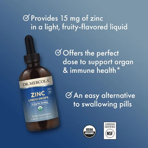 Vista 6 de Dr. Mercola Gotas líquidas de zinc – Apoya la salud inmunológica y de órganos – Gotas líquidas de zinc orgánico de 15 mg – USDA Orgánico