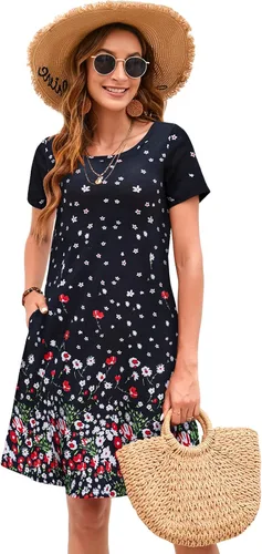 Vista 3 de Sherosa - Vestido de verano sin mangas o con manga corta, estampado floral, con bolsillos, casual, suelto, con vuelo, vestido estilo camiseta