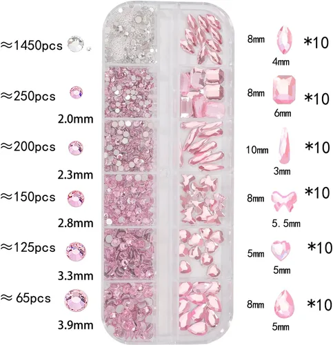 Vista 2 de Kit de diamantes de imitación de cristal 3D rosa claro multiformas para uñas, mezcla de 0.031 in, cuentas redondas plateadas para uñas, gemas