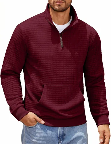 Vista 15 de COOFANDY - Sudadera con capucha para hombre, manga larga, con cremallera de un cuarto, estilo sarga casual, con bolsillo Verde militar