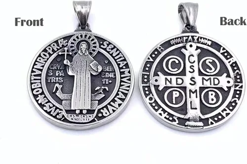 Vista 2 de Cy trendy Collar con medalla de San Benito con colgante de cruz de crucifijo de acero inoxidable, exorcismo, Metal, No es una piedra preciosa