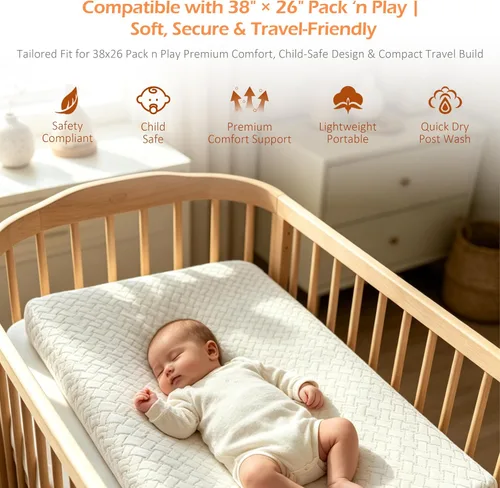 Vista 10 de PanKers Pack and Play Mattress de 38 x 26 pulgadas, colchón de espuma viscoelástica de doble cara N Play con funda extraíble transpirable, parte