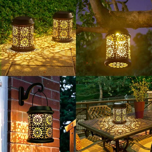 Vista 3 de DenicMic Farol solar para exteriores, luces solares para exteriores, linterna colgante con mango y gancho, impermeable, 25 lúmenes, blanco cálido