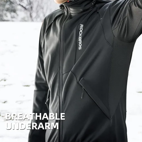 Vista 5 de ROCKBROS Chaquetas de ciclismo para hombre, chaquetas de invierno para bicicleta, chaqueta térmica resistente al viento para hombre, clima frío