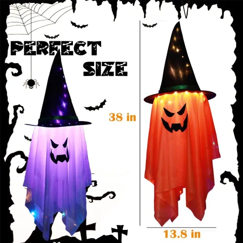 Vista 6 de Decoración de BokingOne de Halloween, 2 piezas de sombreros grandes de bruja fantasma iluminados para Halloween, adornos de fantasma colgantes