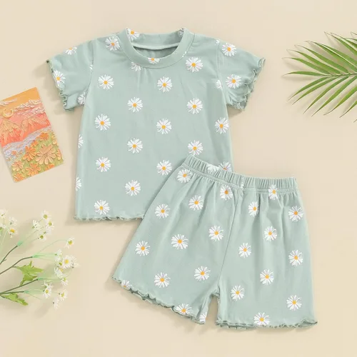 Vista 2 de fhutpw Conjunto de ropa de verano para niñas pequeñas, camisetas de manga corta con volantes de margaritas, tops y pantalones cortos florales, 2
