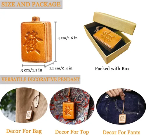 Vista 4 de Mahjong - Llavero de cuero hecho a mano con dijes de Mahjong Lucky Wealth Mahjong, colgante decorativo hecho a mano para bolsas y llaves