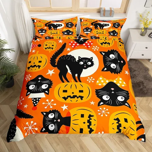 Vista 3 de Feelyou Funda de edredón de Halloween, tamaño individual, con 1 funda de almohada, decoración de Halloween, juego de ropa de cama con estampado