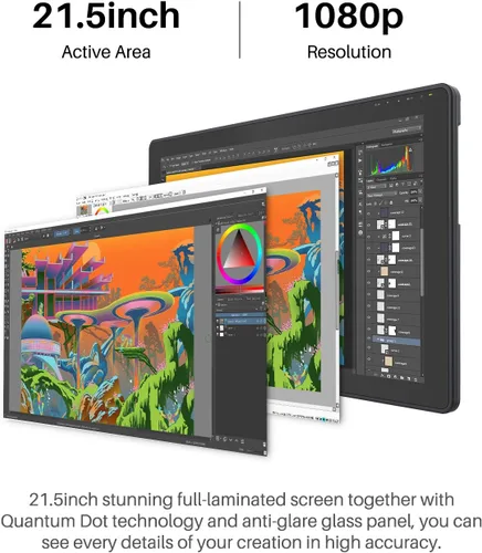 Vista 2 de HUION Kamvas 22 Plus QLED - Tableta de Dibujo con Pantalla Completamente Laminada, Conexión USB-C, 140% sRGB, Inclinación, Tableta Gráfica de Arte