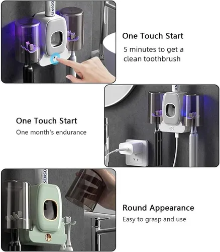Vista 4 de Portacepillos de dientes con dispensador de pasta de dientes y 2 vasos para cepillos de dientes, múltiples aberturas para colgar, soporte