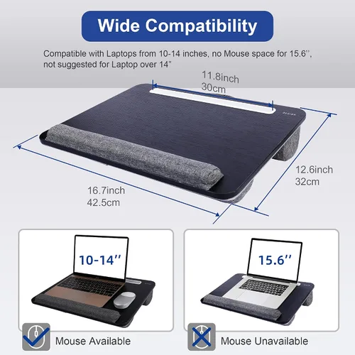 Vista 2 de Besign LT08 - Soporte para laptop, escritorio de regazo portátil con cojín de almohada, se adapta a portátiles de hasta 14 pulgadas, con tira Negro