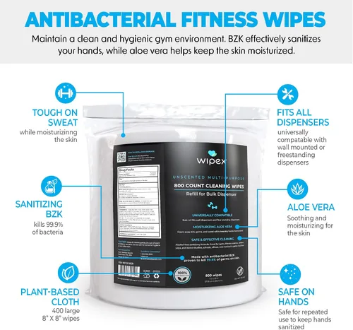 Vista 2 de Wipex Recambio de toallitas de fitness – 800 toallitas antibacterianas para desinfectante de manos con paño seguro a base de plantas