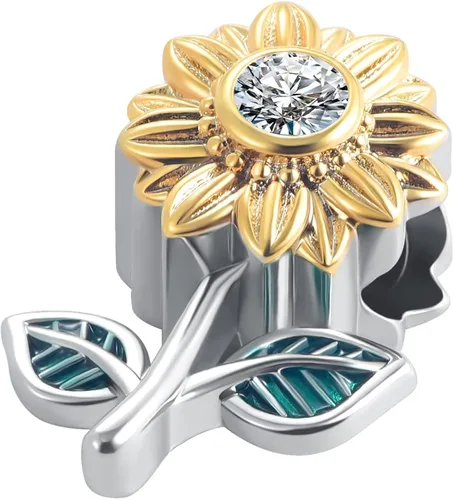 Vista 3 de QeenseKc Abalorio de girasol abierto de oro con cuentas de esmalte de flor CZ para Pandora y pulseras europeas