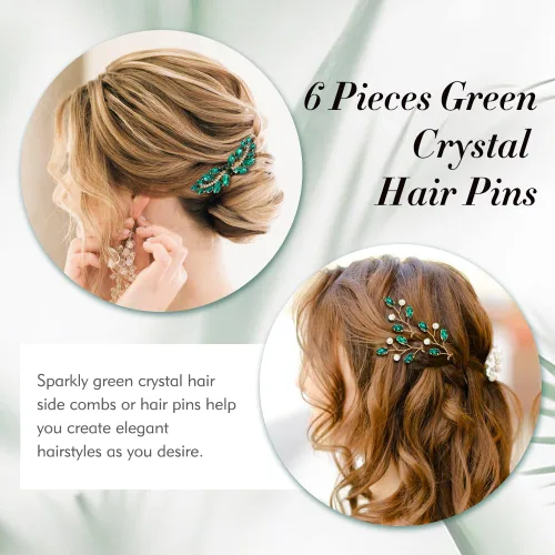 Vista 3 de inSowni 7 piezas vintage de graduación nupcial con purpurina verde con diamantes de imitación de cristal dorado de metal dorado peines laterales