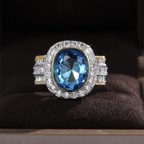 Vista 2 de Anillo de plata de ley 925 con diamantes completos brillantes de oro de 18 quilates, anillo de cóctel de zafiro con circonita cúbica, anillo