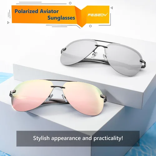 Vista 3 de FEISEDY Gafas de sol polarizadas de aviador para hombres y mujeres, bisagras de resorte, gafas de sol piloto sin montura UV400 protección B0083