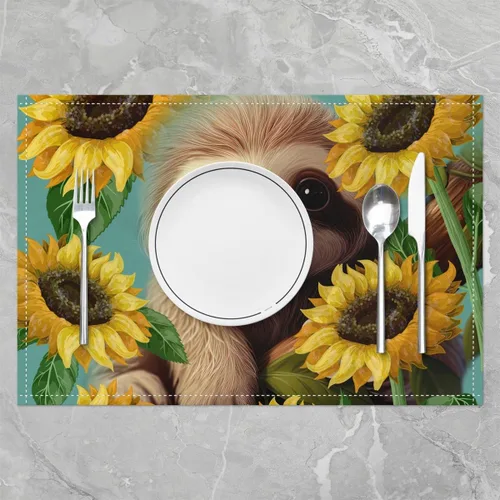 Vista 2 de Juego de 4 manteles individuales con diseño de perezoso y girasol, flores amarillas y plantas naturales, lavables, 12 x 18 pulgadas para decoración