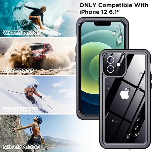 Vista 2 de Funda impermeable para iPhone 12, IP68 bajo el agua, a prueba de caídas, polvo y real 360, antideslizante, resistente, resistente, a prueba de Negro