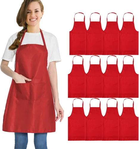 Vista 7 de 12 delantales verdes a granel resistentes a gotas de agua para mujeres y hombres, delantales de cocina con 2 bolsillos (24 x 28 pulgadas, verde)