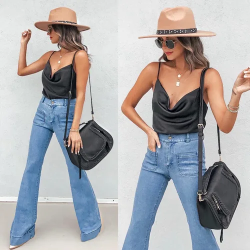 Vista 2 de Aoulaydo Camisola de satén con tirantes delgados y cuello en V para mujer, con cuello vuelto, camisola de seda, sin mangas