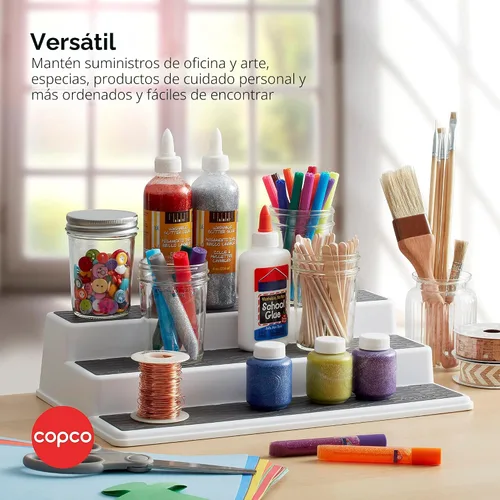 Vista 5 de Copco Organizador de especias antideslizante de 3 niveles para armario de cocina o despensa, estante escalonado de 15 pulgadas, blanco/gris, diseño