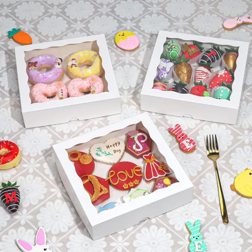 Vista 5 de RomanticBaking 15 cajas de panadería de 8 x 8 x 2 pulgadas con ventana, cajas de galletas cubiertas de chocolate, caja de fresas para panadería