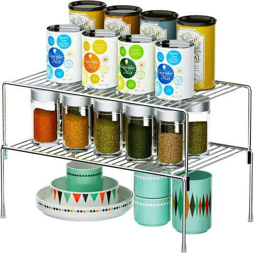 Vista 6 de iPEGTOP Juego de 2 estantes apilables de almacenamiento para gabinete de congelador, marco de metal de acero inoxidable, organizador de cocina