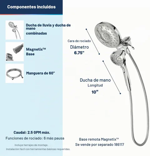 Vista 3 de Moen Engage Chrome Magnetix 2 en 1 Combo de ducha de lluvia con rociador de ducha de mano desmontable, con sistema de acoplamiento magnético, 26009