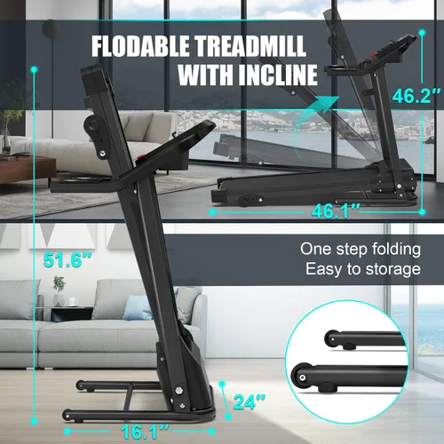 Vista 6 de FYC Compact Folding Treadmill for Home - 2.5HP Quiet Brushless Motor, 3-Level Incline, 7.5 MPH, Shock Absorption, Space-Saving Design for Running