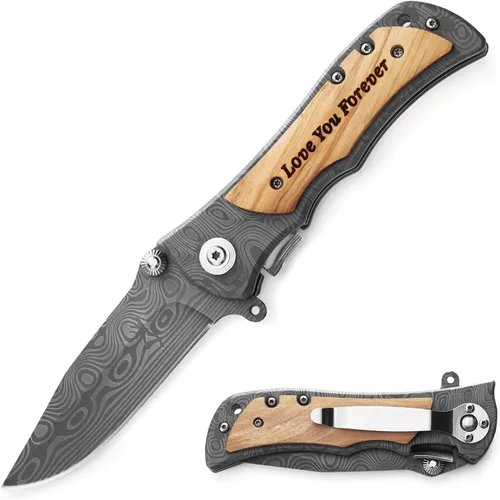Vista 9 de Cuchillo plegable grabado personalizado para novio, esposo, papá, hijo - Cuchillos personalizados para hombres de campamento, pesca y caza con clip