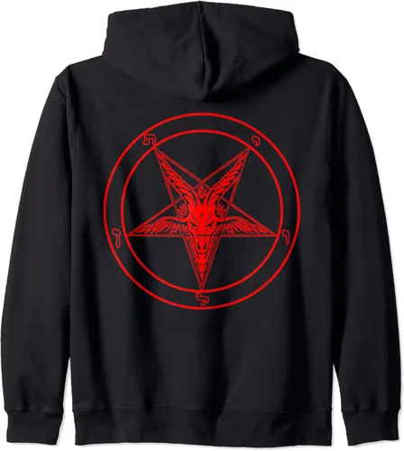 Vista 2 de Diseño de pentagrama con capucha de Baphomet con cabeza de cabra satánica con cremallera de estrella negra, Negro, S