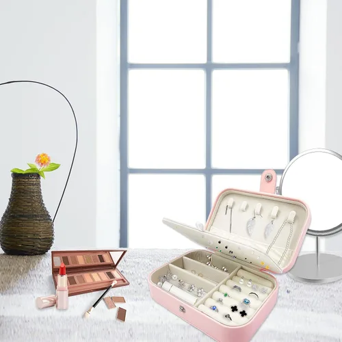 Vista 7 de CACASO Joyero organizador portátil de joyas de viaje de 2 capas caja de almacenamiento de joyas para mujer caja de joyería pequeña de piel sintética