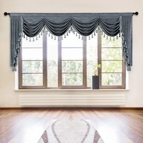 Vista 52 de ELKCA Cenefa de cortina de felpilla beige para ventana de sala de estar, cenefa de cascada para dormitorio, bolsillo para barra