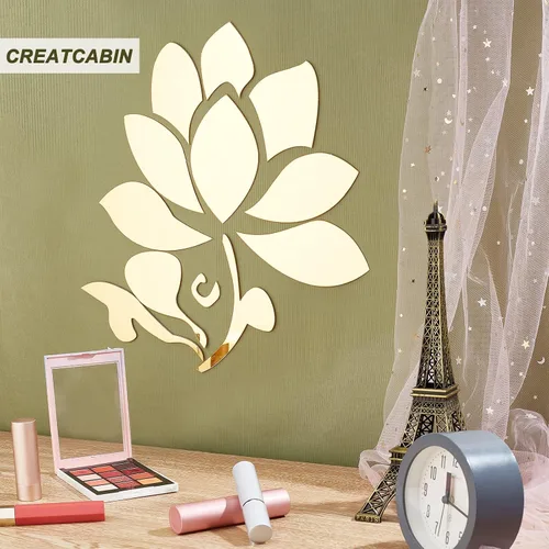Vista 6 de CREATCABIN 2 calcomanías de pared de espejo acrílico 3D con diseño de flor de loto, autoadhesivas, removibles, ecológicas, para el hogar