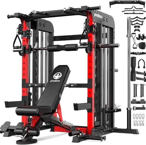 Vista 12 de pooboo Power Cage Smith Machine with 2000LB Squat Rack Cable System LAT Pulldown and Dual Pulley Cable Crossover with All-in-One Home Gym Machine